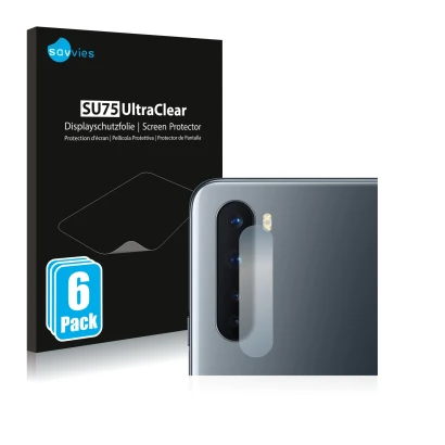 Face avant d’un emballage produit avec le logo de la marque Savvies. À côté, l’appareil OnePlus Nord (Caméra UNIQUEMENT) est r