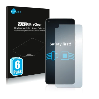 Face avant d’un emballage produit avec le logo de la marque Savvies. À côté, l’appareil OnePlus 8T est représenté avec la prot