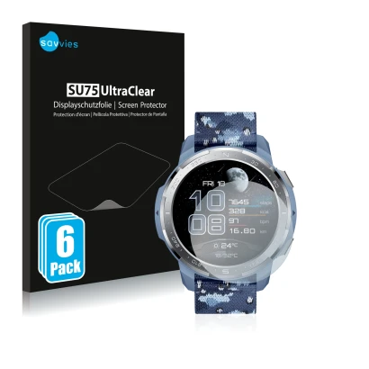 Face avant d’un emballage produit avec le logo de la marque Savvies. À côté, l’appareil Honor Watch GS Pro est représenté avec