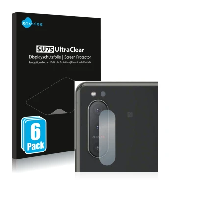 Face avant d’un emballage produit avec le logo de la marque Savvies. À côté, l’appareil Sony Xperia 5 II (Caméra UNIQUEMENT) e