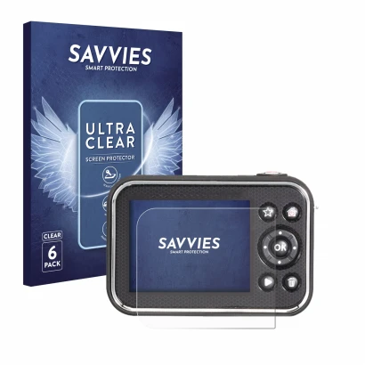 Face avant d’un emballage produit avec le logo de la marque Savvies. À côté, l’appareil Vtech Kidizoom Video Studio HD est rep