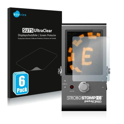 Face avant d’un emballage produit avec le logo de la marque Savvies. À côté, l’appareil Peterson Strobostomp HD est représenté