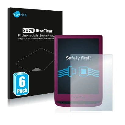 Face avant d’un emballage produit avec le logo de la marque Savvies. À côté, l’appareil PocketBook Touch Lux 5 est représenté 