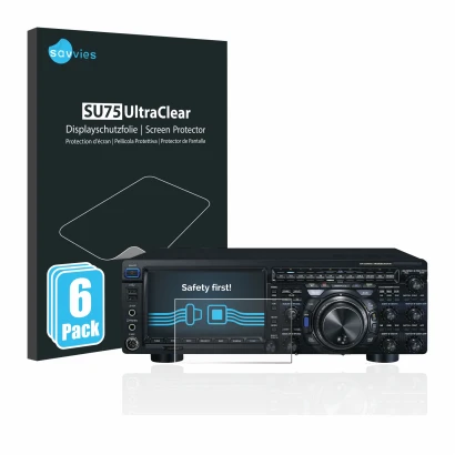 Face avant d’un emballage produit avec le logo de la marque Savvies. À côté, l’appareil Yaesu FT-DX101D est représenté avec la