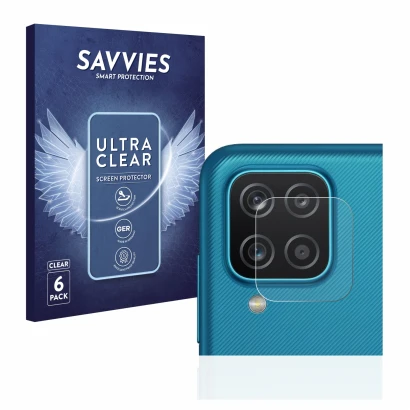 Face avant d’un emballage produit avec le logo de la marque Savvies. À côté, l’appareil Samsung Galaxy A12 (Caméra UNIQUEMENT)