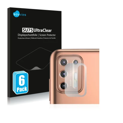 Face avant d’un emballage produit avec le logo de la marque Savvies. À côté, l’appareil Motorola Moto G9 Plus (Caméra UNIQUEME