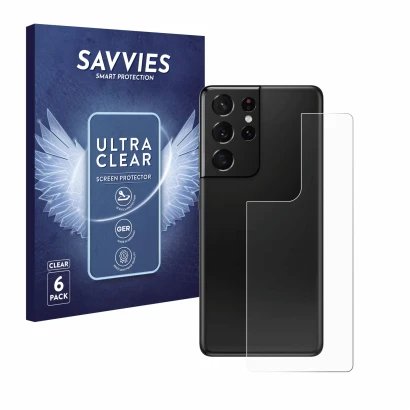 Face avant d’un emballage produit avec le logo de la marque Savvies. À côté, l’appareil Samsung Galaxy S21 Ultra 5G (Arrière) 