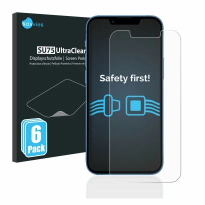 Face avant d’un emballage produit avec le logo de la marque Savvies. À côté, l’appareil Apple iPhone 13 mini est représenté av