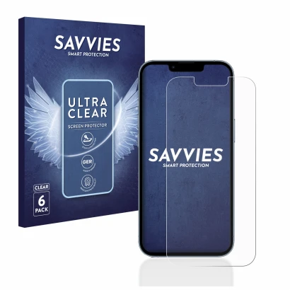 Face avant d’un emballage produit avec le logo de la marque Savvies. À côté, l’appareil Apple iPhone 13 Pro est représenté ave