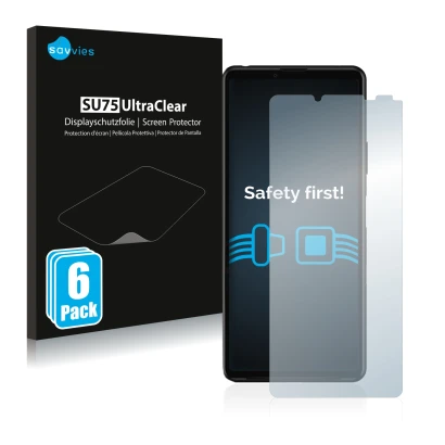 Face avant d’un emballage produit avec le logo de la marque Savvies. À côté, l’appareil Sony Xperia 10 III est représenté avec