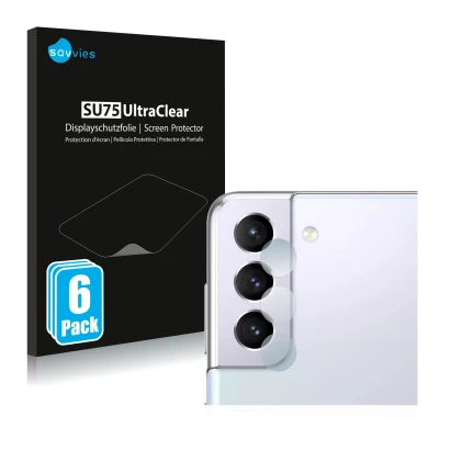 Face avant d’un emballage produit avec le logo de la marque Savvies. À côté, l’appareil Samsung Galaxy S21 (Caméra UNIQUEMENT)