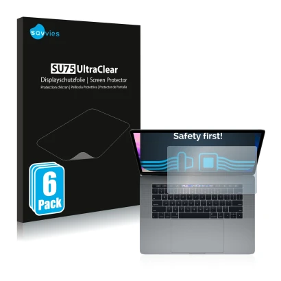 Face avant d’un emballage produit avec le logo de la marque Savvies. À côté, l’appareil Apple MacBook Pro 15" 2019 (Touch Trac