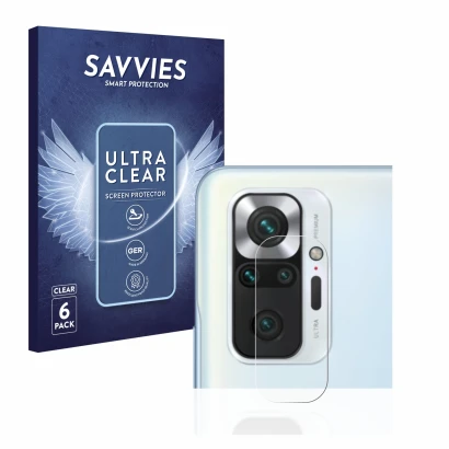 Face avant d’un emballage produit avec le logo de la marque Savvies. À côté, l’appareil Xiaomi Redmi Note 10 Pro (Caméra UNIQU