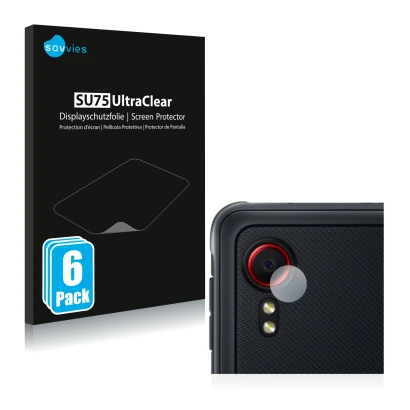 Face avant d’un emballage produit avec le logo de la marque Savvies. À côté, l’appareil Samsung Galaxy XCover 5 (Caméra UNIQUE