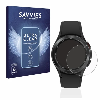 Face avant d’un emballage produit avec le logo de la marque Savvies. À côté, l’appareil Samsung Galaxy Watch 4 Classic (42mm) 