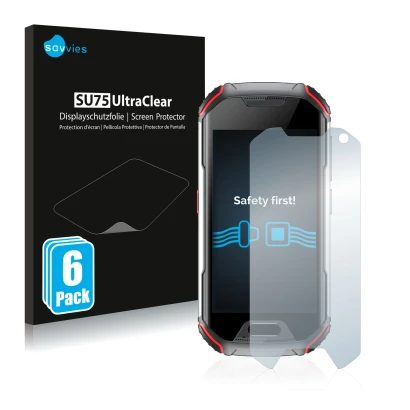 Face avant d’un emballage produit avec le logo de la marque Savvies. À côté, l’appareil Unihertz Atom XL est représenté avec l