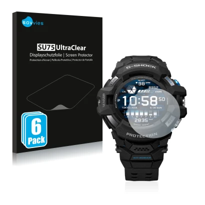 Face avant d’un emballage produit avec le logo de la marque Savvies. À côté, l’appareil Casio G-Shock GSW-H1000 est représenté