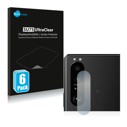 Face avant d’un emballage produit avec le logo de la marque Savvies. À côté, l’appareil Sony Xperia 5 III (Caméra UNIQUEMENT) 