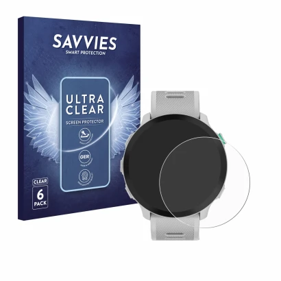 Face avant d’un emballage produit avec le logo de la marque Savvies. À côté, l’appareil Garmin Forerunner 55 est représenté av