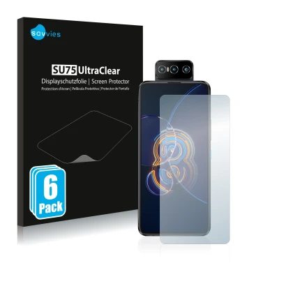 Face avant d’un emballage produit avec le logo de la marque Savvies. À côté, l’appareil ASUS ZenFone 8 Flip est représenté ave