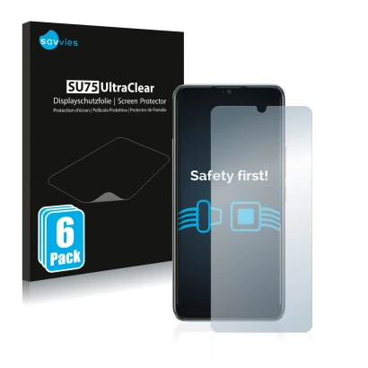 Face avant d’un emballage produit avec le logo de la marque Savvies. À côté, l’appareil Vivo Y70 est représenté avec la protec