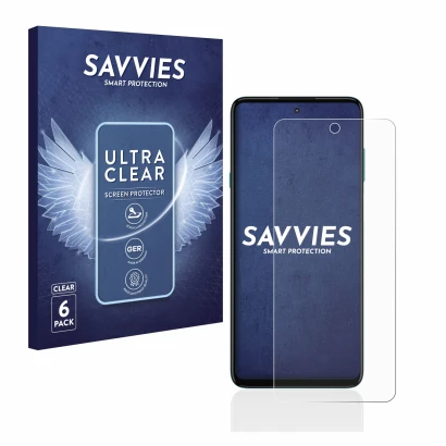 Face avant d’un emballage produit avec le logo de la marque Savvies. À côté, l’appareil Motorola Edge 20 Lite est représenté a