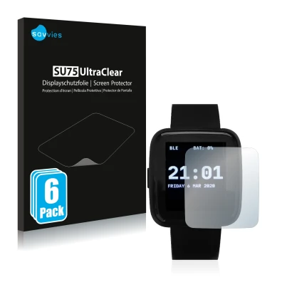 Face avant d’un emballage produit avec le logo de la marque Savvies. À côté, l’appareil Pine64 PineTime est représenté avec la