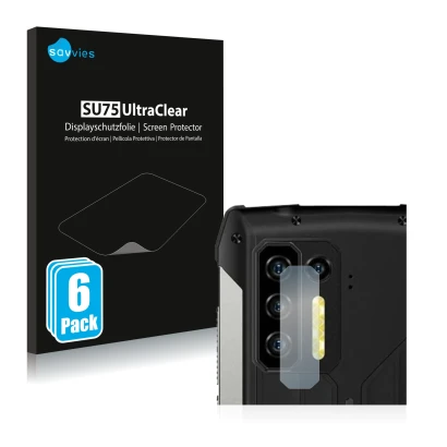 Face avant d’un emballage produit avec le logo de la marque Savvies. À côté, l’appareil Ulefone Power Armor 13 (Caméra UNIQUEM