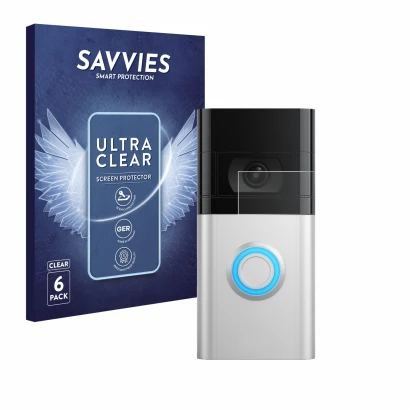 Face avant d’un emballage produit avec le logo de la marque Savvies. À côté, l’appareil Ring Video Doorbell 4 est représenté a