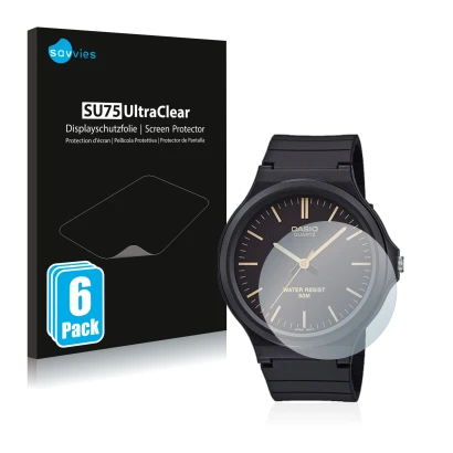 Face avant d’un emballage produit avec le logo de la marque Savvies. À côté, l’appareil Casio Unisex MW-240 est représenté ave