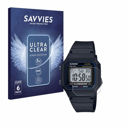 Face avant d’un emballage produit avec le logo de la marque Savvies. À côté, l’appareil Casio Unisex W-800H-1BVES est représen