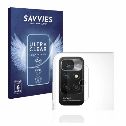 Face avant d’un emballage produit avec le logo de la marque Savvies. À côté, l’appareil Xiaomi Redmi 10 (Caméra UNIQUEMENT) es