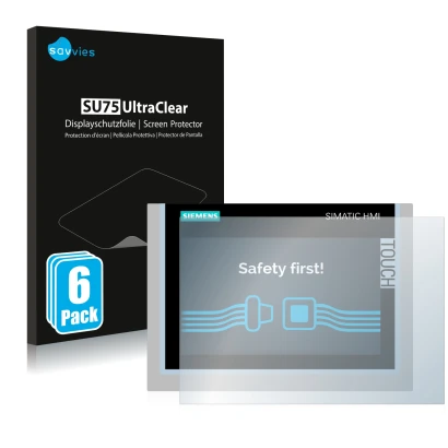Face avant d’un emballage produit avec le logo de la marque Savvies. À côté, l’appareil Siemens Simatic HMI TP700 Comfort est 