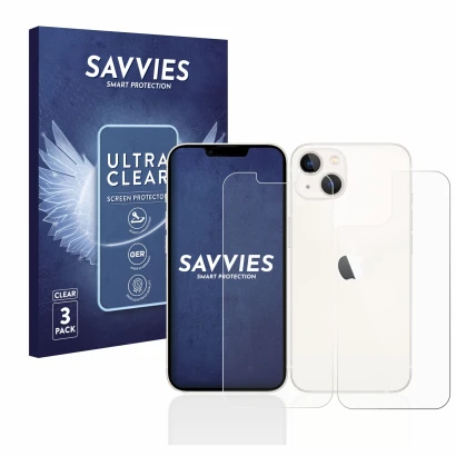 Face avant d’un emballage produit avec le logo de la marque Savvies. À côté, l’appareil Apple iPhone 13 (Avant+Arrière) est re