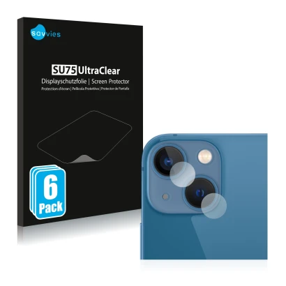 Face avant d’un emballage produit avec le logo de la marque Savvies. À côté, l’appareil Apple iPhone 13 mini (Caméra UNIQUEMEN