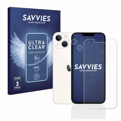 Face avant d’un emballage produit avec le logo de la marque Savvies. À côté, l’appareil Apple iPhone 13 (Avant+Caméra) est rep