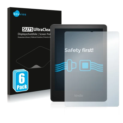 Face avant d’un emballage produit avec le logo de la marque Savvies. À côté, l’appareil Amazon Kindle Paperwhite 2021 Signatur