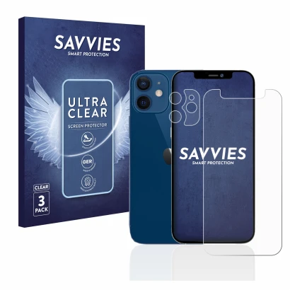 Face avant d’un emballage produit avec le logo de la marque Savvies. À côté, l’appareil Apple iPhone 12 mini (Avant+Caméra) es