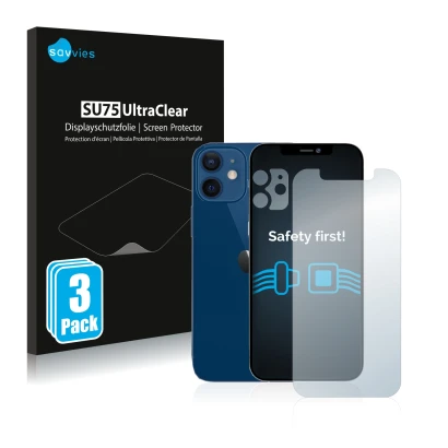 Face avant d’un emballage produit avec le logo de la marque Savvies. À côté, l’appareil Apple iPhone 12 (Avant+Caméra) est rep