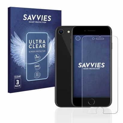 Face avant d’un emballage produit avec le logo de la marque Savvies. À côté, l’appareil Apple iPhone SE 2 2020 (Avant+Caméra) 