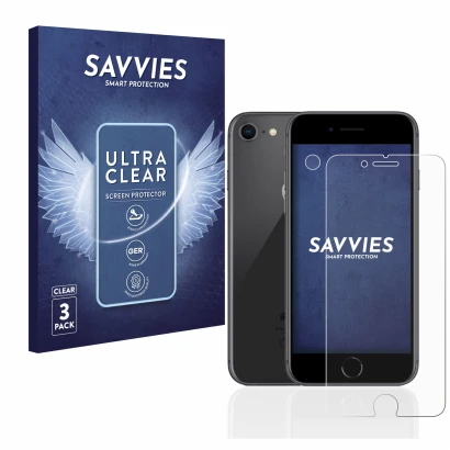 Face avant d’un emballage produit avec le logo de la marque Savvies. À côté, l’appareil Apple iPhone 8 (Avant+Caméra) est repr