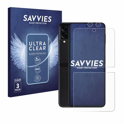 Face avant d’un emballage produit avec le logo de la marque Savvies. À côté, l’appareil Samsung Galaxy Z Flip 3 5G (Avant+Camé