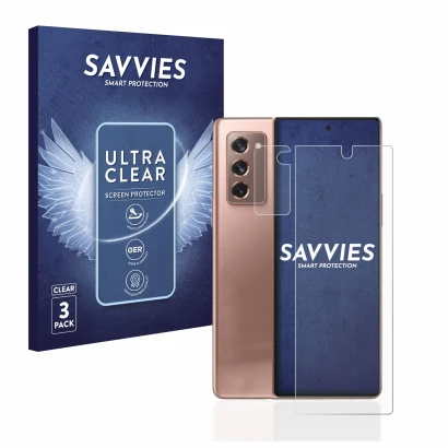 Face avant d’un emballage produit avec le logo de la marque Savvies. À côté, l’appareil Samsung Galaxy Z Fold 2 5G (Avant+Camé