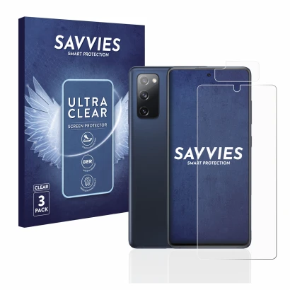 Face avant d’un emballage produit avec le logo de la marque Savvies. À côté, l’appareil Samsung Galaxy S20 FE (Avant+Caméra) e