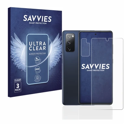 Face avant d’un emballage produit avec le logo de la marque Savvies. À côté, l’appareil Samsung Galaxy S20 FE 5G (Avant+Caméra