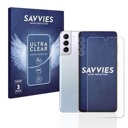 Face avant d’un emballage produit avec le logo de la marque Savvies. À côté, l’appareil Samsung Galaxy S21 5G (Avant+Caméra) e