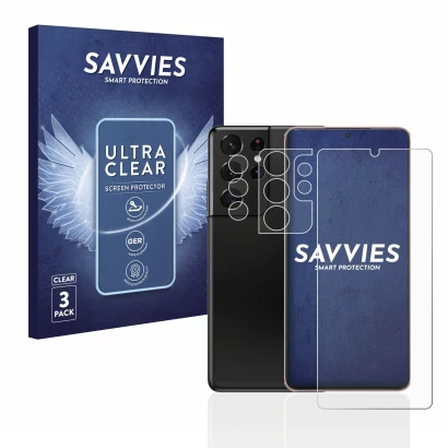 Face avant d’un emballage produit avec le logo de la marque Savvies. À côté, l’appareil Samsung Galaxy S21 Ultra 5G (Avant+Cam