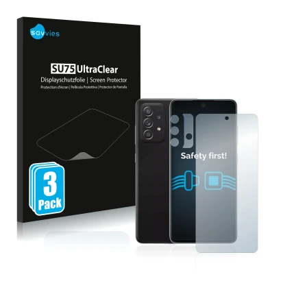 Face avant d’un emballage produit avec le logo de la marque Savvies. À côté, l’appareil Samsung Galaxy A52 5G (Avant+Caméra) e