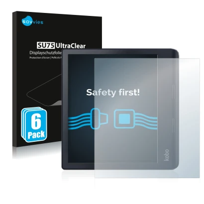 Face avant d’un emballage produit avec le logo de la marque Savvies. À côté, l’appareil Kobo Sage est représenté avec la prote