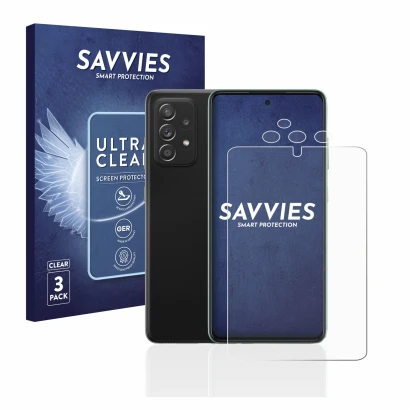 Face avant d’un emballage produit avec le logo de la marque Savvies. À côté, l’appareil Samsung Galaxy A52s 5G (Avant+Caméra) 